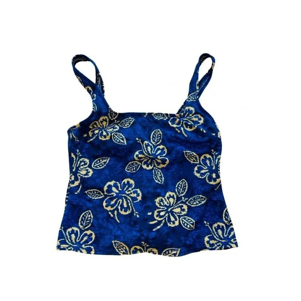 Lands’ End Tankini Swimsuit Set Size 8 Blue Gold Hibiscus Floral Vintage Y2K